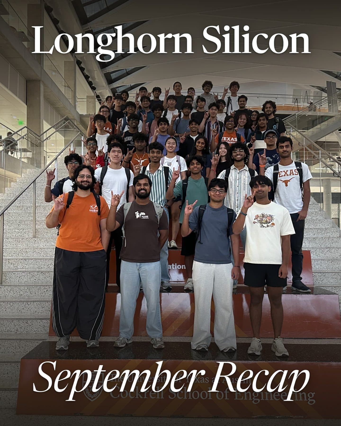 The first Longhorn Silicon cohort on the EER stairs, holding up the Hook 'em sign, with the words Longhorn Silicon September Recap overlaid